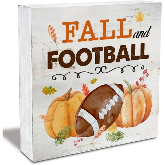 Wood Box Sign 7x7Inch Rustic Fall And Football Wood Box Sign Fall Pumpkins Football Autumn Wooden Box Sign Thanksgivings Sign Farmhouse Home Desk Shelf Decor Gift For Women Men