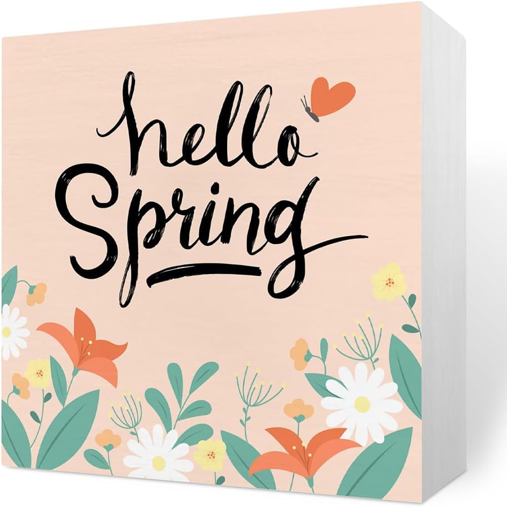 Wood Box Sign 7x7 Inch Rustic Hello Spring Desk Decorations Wooden Box ...
