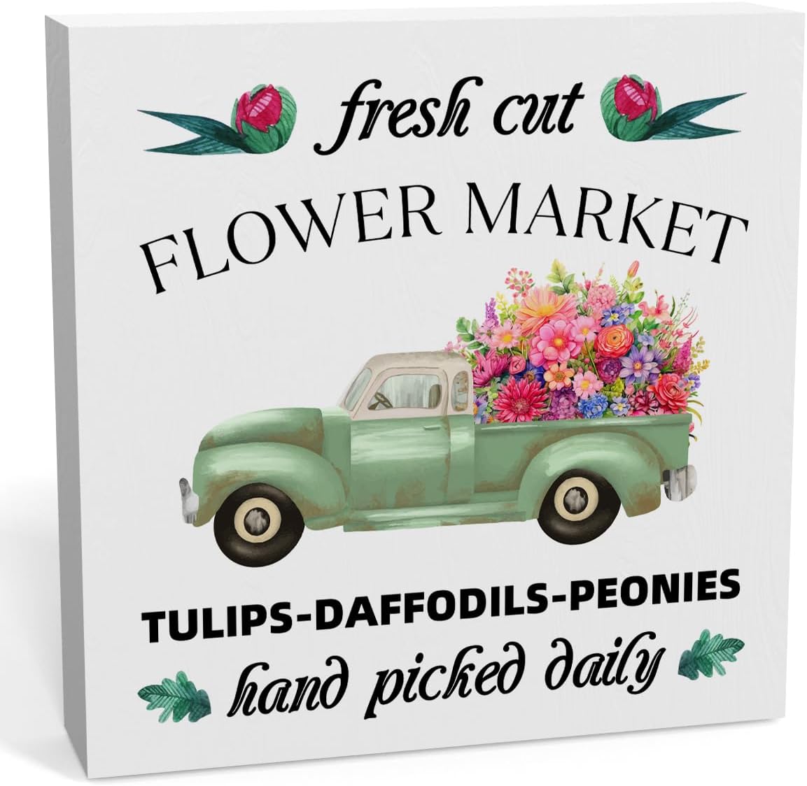 Wood Box Sign 7x7 Inch Spring Flowers Truck Country Home Office Desk ...