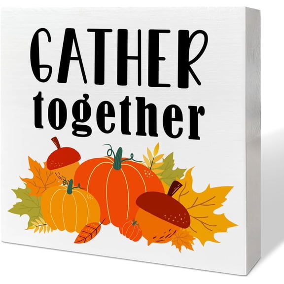 Wood Box Sign 7x7 Inch Thanksgiving Table Wooden Box Sign Decor Gather Together Thankful Autumn Table Decor Fall Pumpkin Farmhouse Tabletop Decorations For Home Office Harvest Thanksgiving Desk Decor