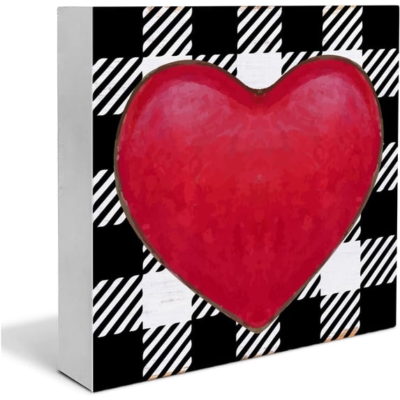 Wood Box Sign 7x7 Inch Valentines Decor Heart Buffalo Plaid Wooden Sign Valentines Day Decorations Home Shelf Decor Gift For Women Men