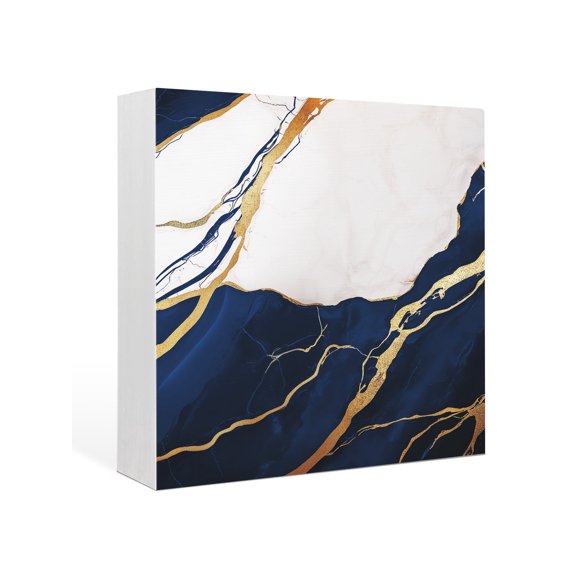 Wood Box Sign Abstract Marble Square Boxes Sgin Desk Decor Decorative Wood Block Plaque Marble Blue White Wooden Signs for Home Tabletop Shelf Wall Office Room Table Decorations Gifts 6"x6"