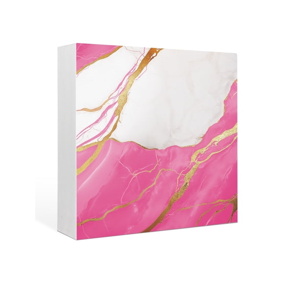 Wood Box Sign Abstract Marble Square Boxes Sgin Desk Decor Decorative Wood Block Plaque Marble Pink Wooden Signs for Home Tabletop Shelf Wall Office Room Table Decorations Gifts 6"x6"