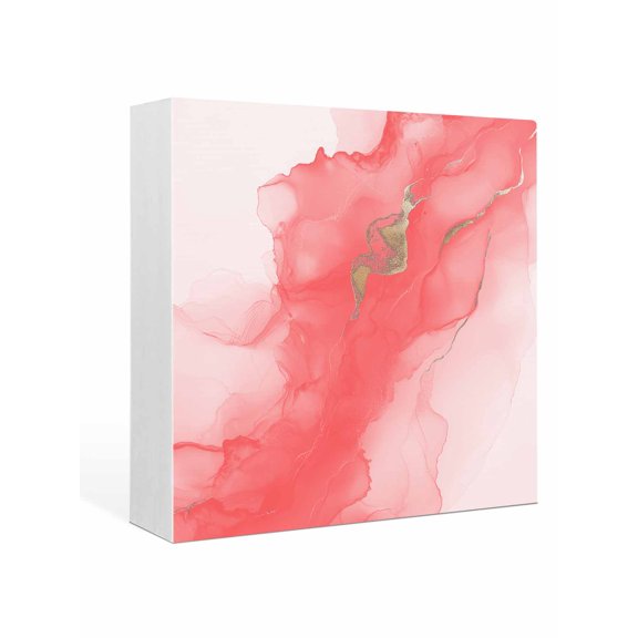 Wood Box Sign Abstract Ombre Pink Marble Square Boxes Sgin Desk Decor Decorative Wood Block Plaque White Modern Art Wooden Signs for Home Tabletop Shelf Wall Office Room Table Decor Gifts 6"x6"