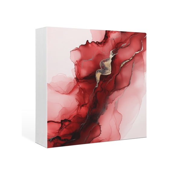 Wood Box Sign Abstract Ombre Red Marble Square Boxes Sgin Desk Decor Decorative Wood Block Plaque White Modern Art Wooden Signs for Home Tabletop Shelf Wall Office Room Table Decorations Gifts 6"x6"