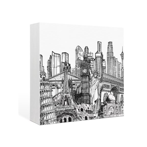 Wood Box Sign Architecture Landscape Square Boxes Sgin Desk Decor Decorative Wood Block Plaque Modern City Landmarks Wooden Signs for Home Tabletop Shelf Wall Office Room Table Decor Gifts 6"x6"