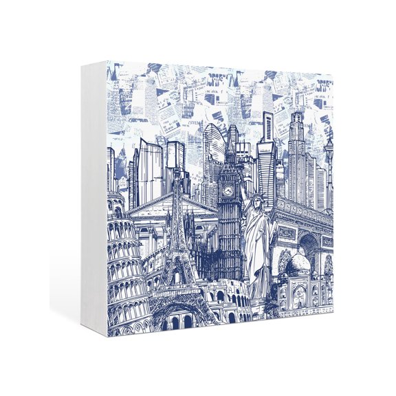 Wood Box Sign Architecture Landscape Square Boxes Sgin Desk Decor Decorative Wood Block Plaque Navy Blue Historic Landmarks Wooden Signs for Home Tabletop Shelf Wall Office Table Decor Gifts 6"x6"