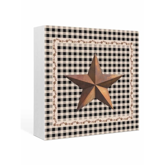 Wood Box Sign Barn Star Texas Square Boxes Sgin Desk Decor Decorative Wood Block Plaque Berry Country Black Plaid Wooden Signs for Home Tabletop Shelf Wall Office Room Table Decorations Gifts 6"x6"