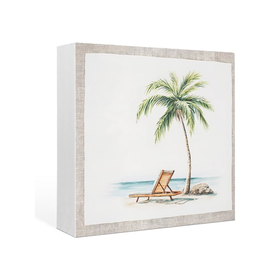 Wood Box Sign Beach Palm Trees Square Boxes Sgin Desk Decor Decorative Wood Block Plaque Summer Seaside Holidays Wooden Signs for Home Tabletop Shelf Wall Office Room Table Decorations Gifts 6"x6"