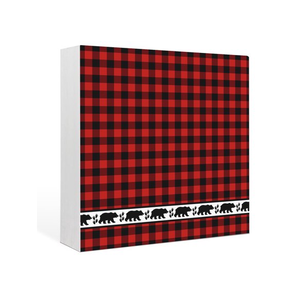 Wood Box Sign Bear Footprints Red Buffalo Plaid Square Boxes Sgin Desk Decor Decorative Wood Block Plaque Forest Animals Wooden Signs for Home Tabletop Shelf Wall Office Room Table Decor Gifts 6"x6"