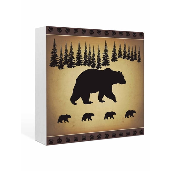 Wood Box Sign Bear Pine Tree Square Boxes Sgin Desk Decor Decorative Wood Block Plaque Vintage Farmhouse Animal Wooden Signs for Home Tabletop Shelf Wall Office Room Table Decorations Gifts 6"x6"