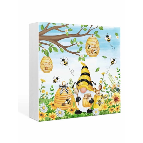Wood Box Sign Bee Gnome Square Boxes Sgin Desk Decor Decorative Wood Block Plaque Sunflower Daisy Flower Honeycomb Wooden Signs for Home Tabletop Shelf Wall Office Room Table Decorations Gifts 6"x6"