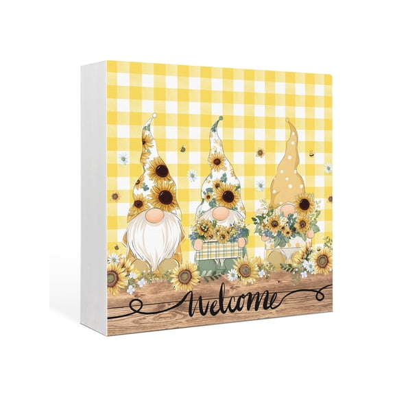 Wood Box Sign Bee Sunflowers Gnomes Square Boxes Sgin Desk Decor Decorative Wood Block Plaque Yellow Plaid Wood Welcome Wooden Signs for Home Tabletop Shelf Wall Office Room Table Decor Gifts 6"x6"