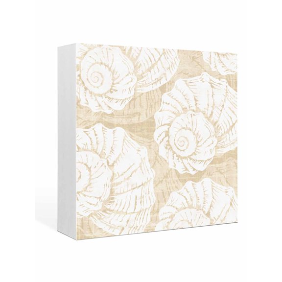 Wood Box Sign Beige Conch Shell Square Boxes Sgin Desk Decor Decorative Wood Block Plaque Coastal Ocean Marine LIfe Wooden Signs for Home Tabletop Shelf Wall Office Room Table Decor Gifts 6"x6"