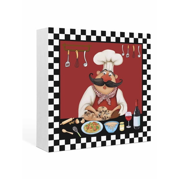 Wood Box Sign Bistro Cooking Chef Square Boxes Sgin Desk Decor Decorative Wood Block Plaque Funny Kitchen Wine Black Plaid Wooden Signs for Home Tabletop Shelf Wall Office Table Decor Gifts 6"x6"