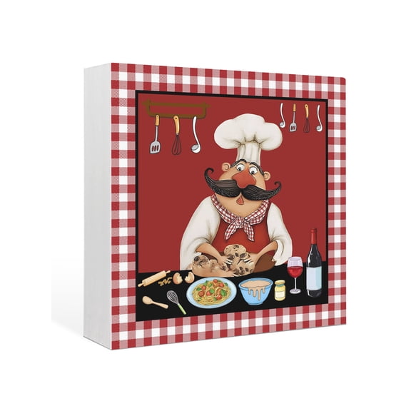 Wood Box Sign Bistro Cooking Chef Square Boxes Sgin Desk Decor Decorative Wood Block Plaque Funny Kitchen Wine Red Plaid Wooden Signs for Home Tabletop Shelf Wall Office Room Table Decor Gifts 6"x6"