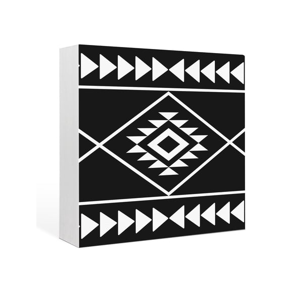 Wood Box Sign Black Bohemian Geometric Square Boxes Sgin Desk Decor Decorative Wood Block Plaque Boho Tribal Arrows Wooden Signs for Home Tabletop Shelf Wall Office Room Table Decor Gifts 6"x6"