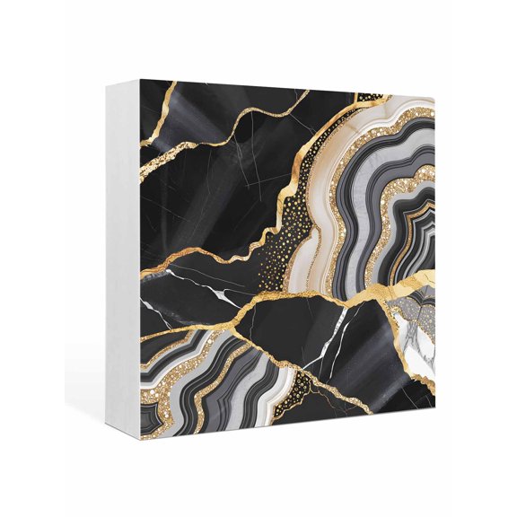 Wood Box Sign Black Marble Texture Square Boxes Sgin Desk Decor Decorative Wood Block Plaque Abstract Gold Fluid Wooden Signs for Home Tabletop Shelf Wall Office Room Table Decorations Gifts 6"x6"