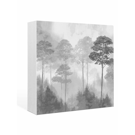 Wood Box Sign Black Pine Tree Square Boxes Sgin Desk Decor Decorative Wood Block Plaque Misty Forest Nature Wooden Signs for Home Tabletop Shelf Wall Office Room Table Decorations Gifts 6"x6"