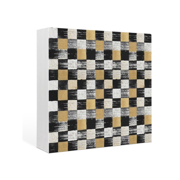 Wood Box Sign Blake Gold Squares Block Square Boxes Sgin Desk Decor Decorative Wood Block Plaque Geometric Checkerboard Wooden Signs for Home Tabletop Shelf Wall Office Room Table Decor Gifts 6"x6"