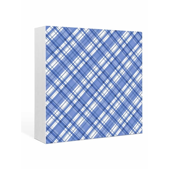 Wood Box Sign Blue Checked Plaid Square Boxes Sgin Desk Decor Decorative Wood Block Plaque Diagonal Weave Lines Wooden Signs for Home Tabletop Shelf Wall Office Room Table Decorations Gifts 6"x6"