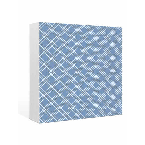 Wood Box Sign Blue Checked Plaid Square Boxes Sgin Desk Decor Decorative Wood Block Plaque Weave Lines Wooden Signs for Home Tabletop Shelf Wall Office Room Table Decorations Gifts 6"x6"