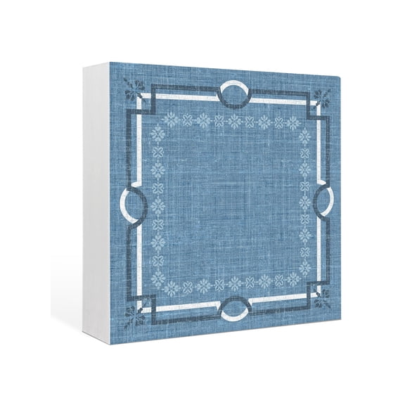 Wood Box Sign Blue Linen Border Square Boxes Sgin Desk Decor Decorative Wood Block Plaque Floral Lines Frame Wooden Signs for Home Tabletop Shelf Wall Office Room Table Decorations Gifts 6"x6"