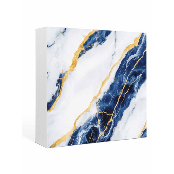 Wood Box Sign Blue Marble Square Boxes Sgin Desk Decor Decorative Wood Block Plaque Gold Abstract Art Wooden Signs for Home Tabletop Shelf Wall Office Room Table Decorations Gifts 6"x6"