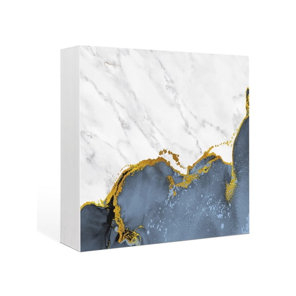 Wood Box Sign Blue Marble Square Boxes Sgin Desk Decor Decorative Wood Block Plaque White Modern Abstract Art Luxury Wooden Signs for Home Tabletop Shelf Wall Office Room Table Decor Gifts 6"x6"