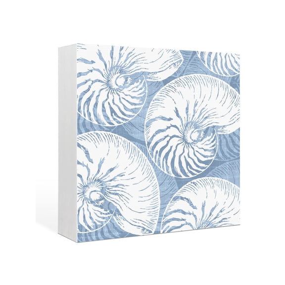 Wood Box Sign Blue Nautilus Shell Square Boxes Sgin Desk Decor Decorative Wood Block Plaque Ocean Conch Marine Life Wooden Signs for Home Tabletop Shelf Wall Office Room Table Decor Gifts 6"x6"