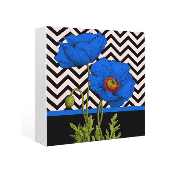 Wood Box Sign Blue Poppy Flowers Square Boxes Sgin Desk Decor Decorative Wood Block Plaque Bloom Flower Buds Black Chevron Wooden Signs for Home Tabletop Shelf Wall Office Table Decor Gifts 6"x6"