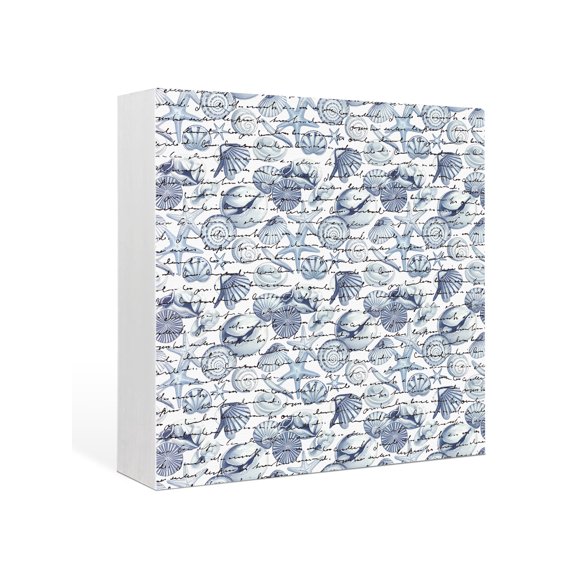 Wood Box Sign Blue Shell Square Boxes Sgin Desk Decor Decorative Wood Block Plaque Conch Starfish Text Wooden Signs for Home Tabletop Shelf Wall Office Room Table Decorations Gifts 6"x6"