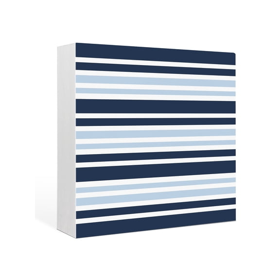 Wood Box Sign Blue Striped Square Boxes Sgin Desk Decor Decorative Wood Block Plaque Navy Blue Contrast Stripes Wooden Signs for Home Tabletop Shelf Wall Office Room Table Decorations Gifts 6"x6"