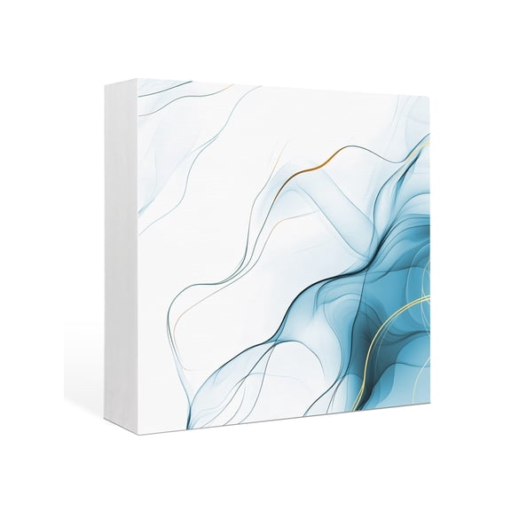 Wood Box Sign Blue Water Ripple Square Boxes Sgin Desk Decor Decorative Wood Block Plaque Marble Modern Art Wooden Signs for Home Tabletop Shelf Wall Office Room Table Decorations Gifts 6"x6"