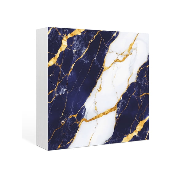 Wood Box Sign Blue White Marble Square Boxes Sgin Desk Decor Decorative Wood Block Plaque Gold Abstract Art Wooden Signs for Home Tabletop Shelf Wall Office Room Table Decorations Gifts 6"x6"