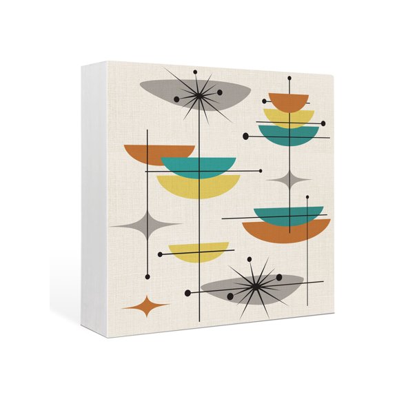 Wood Box Sign Boho Mid Century Square Boxes Sgin Desk Decor Decorative Wood Block Plaque Yellow Orange Geometric Abstract Wooden Signs for Home Tabletop Shelf Wall Office Table Decor Gifts 6"x6"