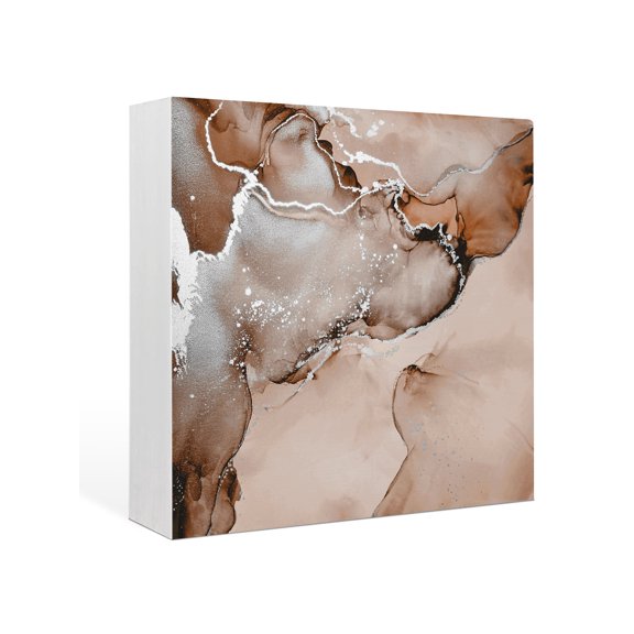 Wood Box Sign Brown Marble Square Boxes Sgin Desk Decor Decorative Wood Block Plaque Abstract Waves Cloud Wooden Signs for Home Tabletop Shelf Wall Office Room Table Decorations Gifts 6"x6"