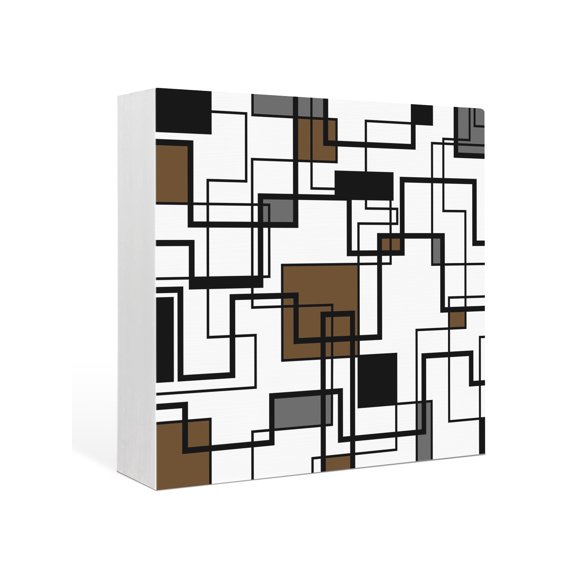 Wood Box Sign Brown Modern Geometric Square Boxes Sgin Desk Decor Decorative Wood Block Plaque Abstract Lines Squares Wooden Signs for Home Tabletop Shelf Wall Office Room Table Decor Gifts 6"x6"