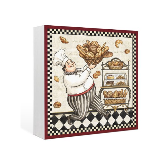 Wood Box Sign Chef Carrying Bread Square Boxes Sgin Desk Decor Decorative Wood Block Plaque Bakery Display Buffalo Plaid Wooden Signs for Home Tabletop Shelf Wall Office Room Table Decor Gifts 6"x6"