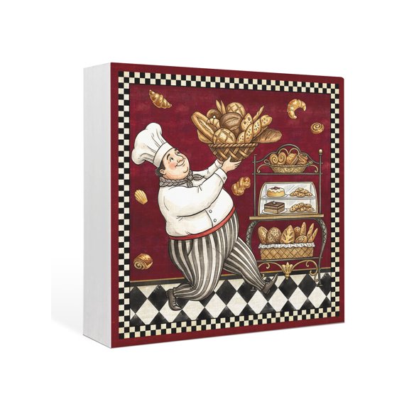 Wood Box Sign Chef Carrying Bread Square Boxes Sgin Desk Decor Decorative Wood Block Plaque Bakery Display Red Buffalo Plaid Wooden Signs for Home Tabletop Shelf Wall Office Table Decor Gifts 6"x6"