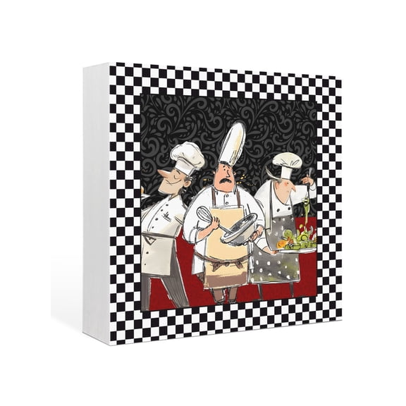 Wood Box Sign Chef Kitchens Square Boxes Sgin Desk Decor Decorative Wood Block Plaque Funny Cooks Black Buffalo Plaid Wooden Signs for Home Tabletop Shelf Wall Office Room Table Decor Gifts 6"x6"