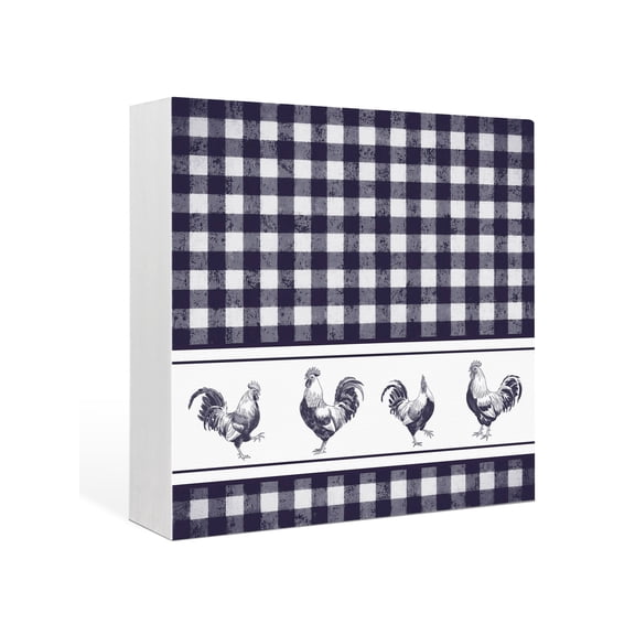 Wood Box Sign Chicken Cock Rooster Square Boxes Sgin Desk Decor Decorative Wood Block Plaque Farmhouse Animal Purple Buffalo Plaid Wooden Signs for Home Tabletop Shelf Wall Office Table Decor 6"x6"