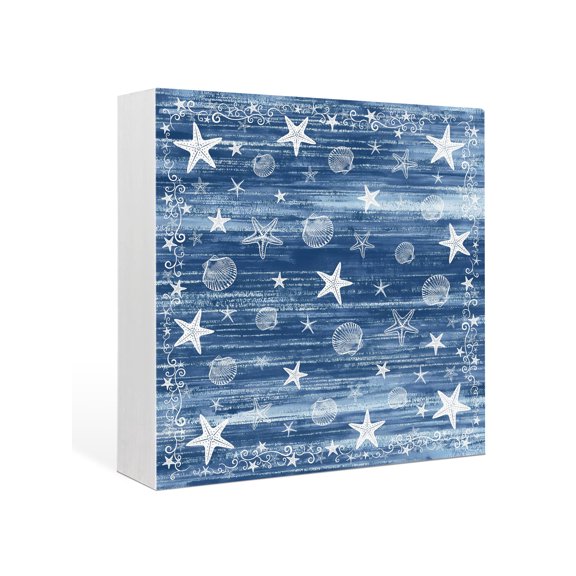 Wood Box Sign Coastal Starfish Shell Square Boxes Sgin Desk Decor Decorative Wood Block Plaque Navy Blue Star Rustic Stripes Grain Wooden Signs for Home Tabletop Shelf Wall Office Table Decor 6"x6"