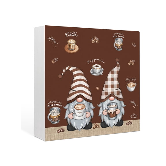 Wood Box Sign Coffee Cup Gnome Square Boxes Sgin Desk Decor Decorative Wood Block Plaque Coffee Beans Brown Wooden Signs for Home Tabletop Shelf Wall Office Room Table Decorations Gifts 6"x6"