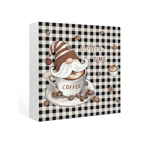 Wood Box Sign Coffee Time Gnome Square Boxes Sgin Desk Decor Decorative Wood Block Plaque Black Buffalo Check Plaid Wooden Signs for Home Tabletop Shelf Wall Office Room Table Decor Gifts 6"x6"