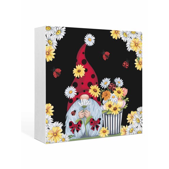 Wood Box Sign Daisy Gnome Square Boxes Sgin Desk Decor Decorative Wood Block Plaque Flower Spring Floral Black Wooden Signs for Home Tabletop Shelf Wall Office Room Table Decorations Gifts 6"x6"
