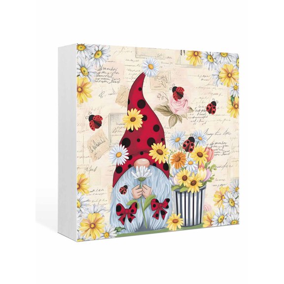 Wood Box Sign Daisy Gnome Square Boxes Sgin Desk Decor Decorative Wood Block Plaque Flower Spring Floral Retro Wooden Signs for Home Tabletop Shelf Wall Office Room Table Decorations Gifts 6"x6"