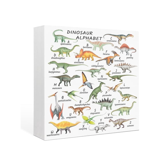 Wood Box Sign Dinosaur Family Square Boxes Sgin Desk Decor Decorative Wood Block Plaque Learning Alphabet A to Z Name Wooden Signs for Home Tabletop Shelf Wall Office Room Table Decor Gifts 6"x6"