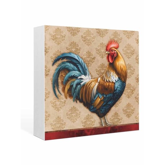 Wood Box Sign Farmhouse Chicken Rooster Cock Square Boxes Sgin Desk Decor Decorative Wood Block Plaque Vintage Farm Animal Wooden Signs for Home Tabletop Shelf Wall Office Table Decor Gifts 6"x6"