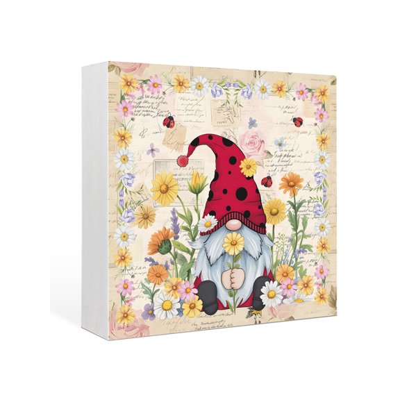 Wood Box Sign Floral Gnome Square Boxes Sgin Desk Decor Decorative Wood Block Plaque Spring Summer Floral Yellow Pink Retro Wooden Signs for Home Tabletop Shelf Wall Office Table Decor Gifts 6"x6"